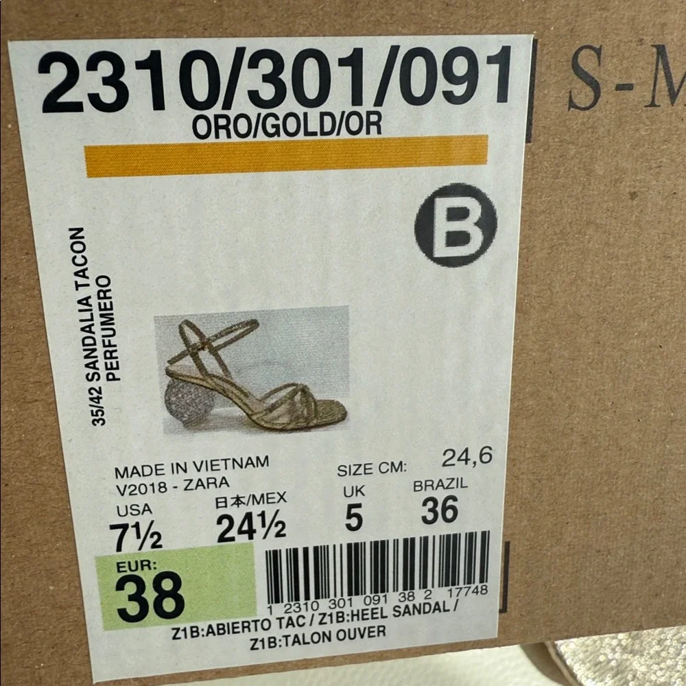 Zara‎ Gold Strappy Heels With Crystal Block